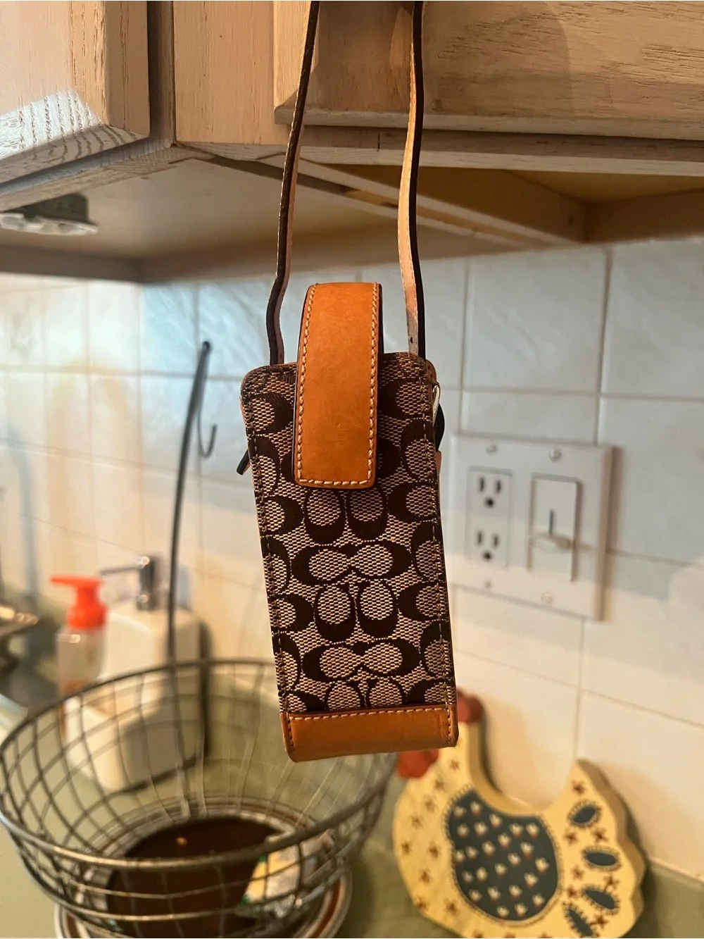 Vintage Coach Brown Signature Mini Crossbody Phone Pouch with Tan Trim